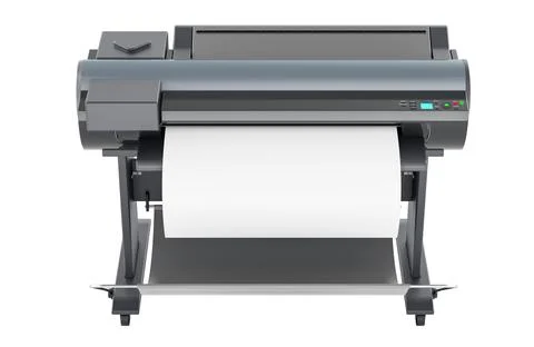 Large format plotter printer with blank sheet, front view. 3D rendering Stock Illustration