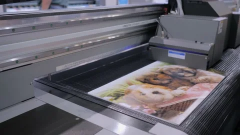 Large format printing - UV digital flatbed printer during work at printing house Stock Footage 142960988