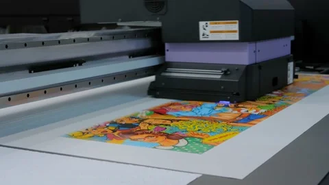 Large format printing - UV digital flatbed printer during work at exhibition Stock Footage 148497441