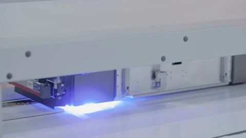 Large format printing - UV digital flatbed printer during work at printing house Stock Footage 155529955