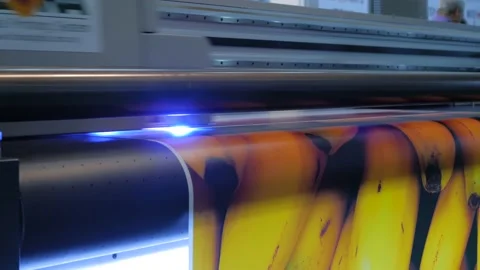 Large format printing - UV digital flatbed printer during work at printing house Stock Footage 162136877