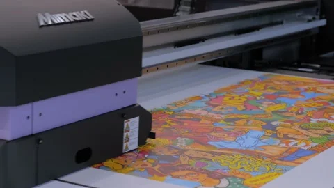 Large format printing - UV digital flatbed printer during work at printing house Stock Footage 164788155