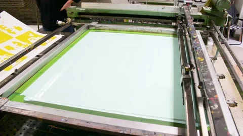 Large format Screen printing serigraphy screenprint studio workshop machine Video stock 145897337
