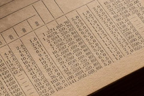 A large fragment of an old paper table with numerical data, illustrated by .. Stock Photos
