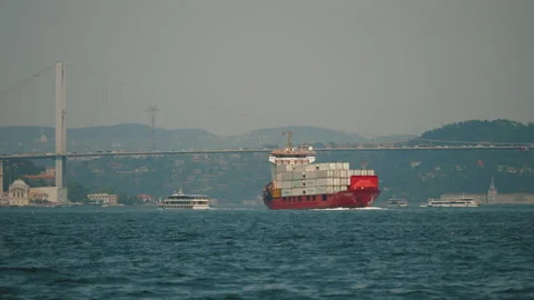 Large freight ship full of containers sailing under Bosphorus Bridge Stock Footage 220484846