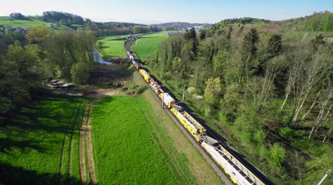 Large freight train and wagons - aerial shot Stock Footage 49415292