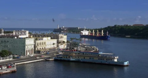 Large Freighter Cargo Ship Pulls into Havana Port Bay in Cuba Stock Footage