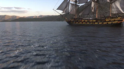 A large Frigate under full sail sailing across a Bay. Stock Footage 252135768