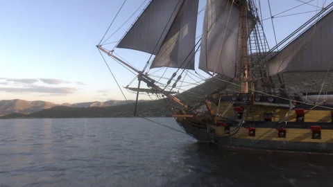 A large Frigate under full sail sailing across a Bay. Stock Footage 253601278