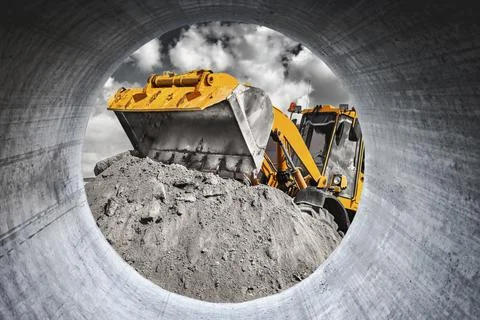 A large front loader pours sand into a pile at a construction site. Transport Stock Photos