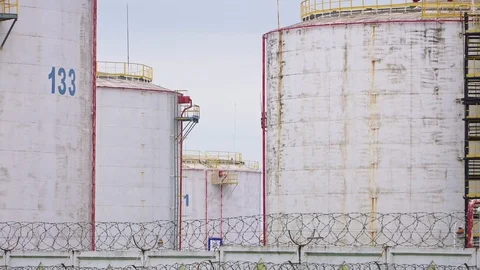 Large fuel tanks in the refinery Stock Footage 107346678