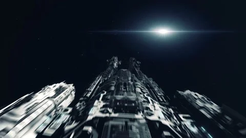 Large Future Spaceship Flying Away Through the Stars Stock Footage 158052686