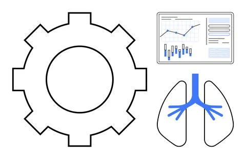 Large gear icon, data analytics screen with charts, and simple lung diagram.  스톡 일러스트
