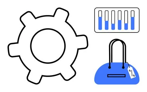 Large gear, progress bar with blue and white segments, blue handbag with a ta Stockillustratie