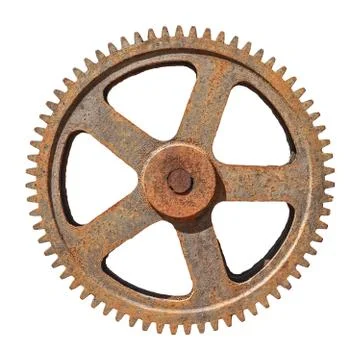 Large gear wheel cogs rusty on white background Foto stock