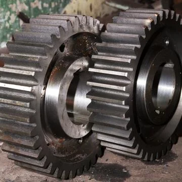 Large gears and cogs, titanium and steel industry parts Stock Photos