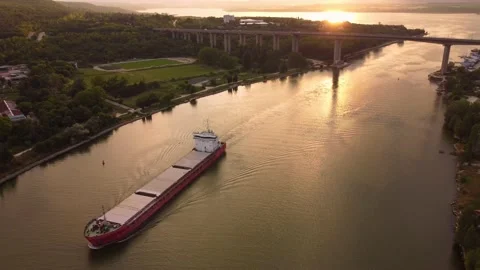Large general cargo ship tanker bulk carrier at sunset, aerial view. Stock Footage 196988051