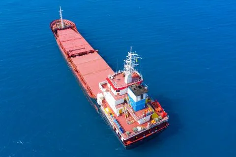 Large general cargo ship, Top down aerial. Stock Photos