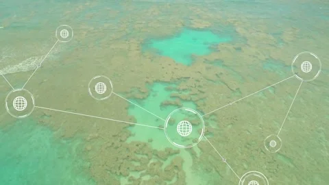 Large globe node appearing, network of translucent globe icons expanding and Stock Footage 334369040