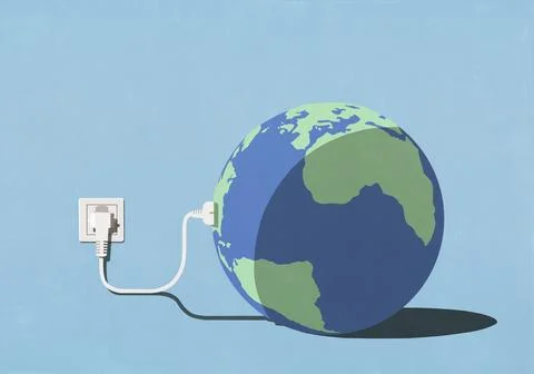 Large globe plugged into electric outlet against blue background Stock Illustration