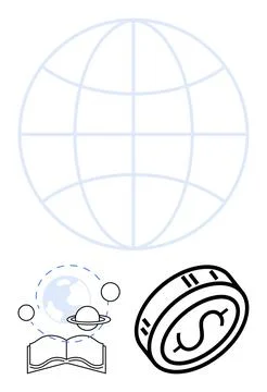 Large globe, small planetary system over book, and currency coin with dollar  Stock Illustration