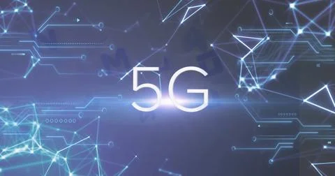 Large glowing 5G label radiating across abstract digital environment, showing Foto stock