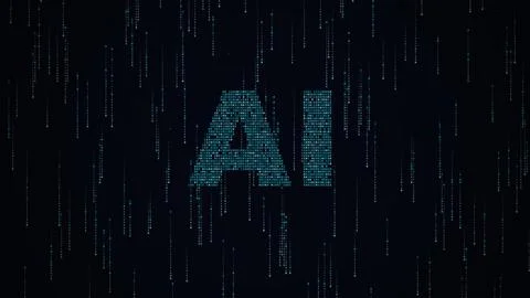 Large glowing ai text formed by cascading blue binary code streams flowing .. Stock Illustration