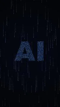 Large glowing ai typography formed by cascading blue binary code streams fl.. Stock Illustration