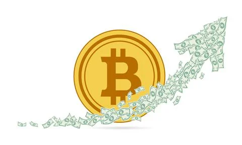 A large gold flat coin of the virtual digital crypto currency bitcoin and a Stock Illustration