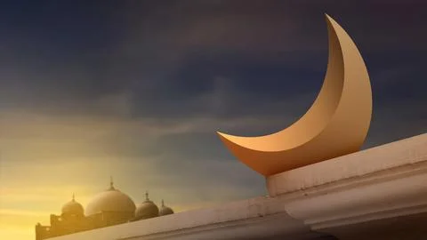 A large golden crescent moon sits on a ledge with a mosque silhouette in th.. Stock Illustration