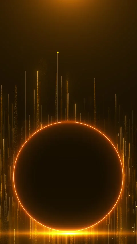 Large golden eclipse circle radiant , rising light bars, floating particles, war Stock Footage 340403071