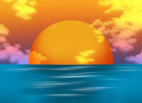Large Golden Sun Setting Over Blue Ocean Illustration Stock Illustration
