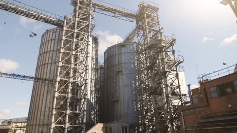 Large grain elevator silo storage and birds a flying 스톡 동영상 96021913