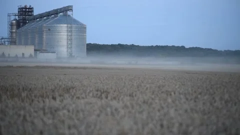 Large grain storage tanks and wheat field and combine CLAAS Stock Footage 201029806