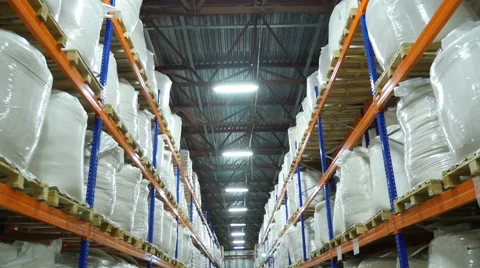 Large grain warehouse packaged in bags Stock Footage 68609809