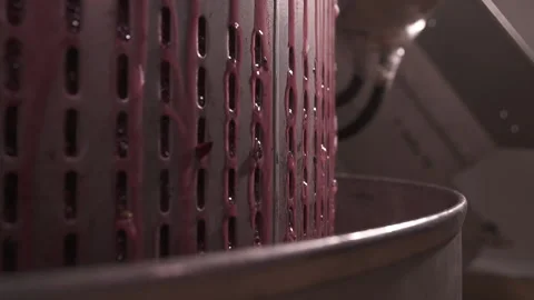 Large grape press, crushing fruit, modern agriculture machinery, close up Stock Footage 153813352