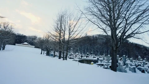 Large Graveyard Covered by Snow in Winter - Looking Around Moving Gimbal Motion Stock Footage 101010133