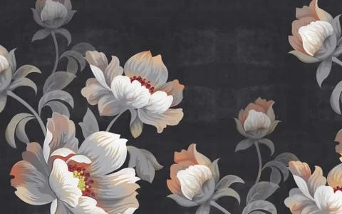 Large gray and beige abstract flowers on a dark gray grunge background Stock Illustration