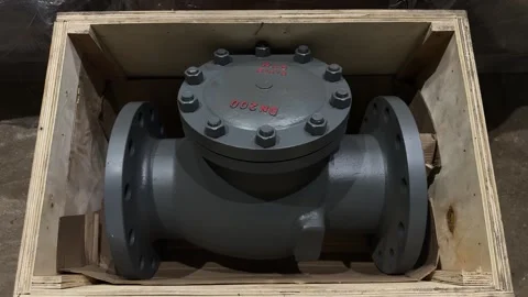 Large gray industrial pipe valve with flanged ends and bolted cover inside  스톡 동영상 348003885