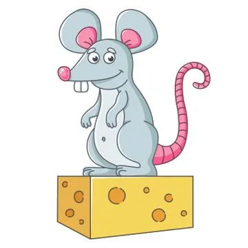 A large gray mouse stands on a piece of cheese. a well-fed rat. Stock Illustration