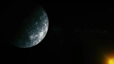 A large gray planet or moon floats in deep space with stars and a bright su.. Stock Footage 340383406