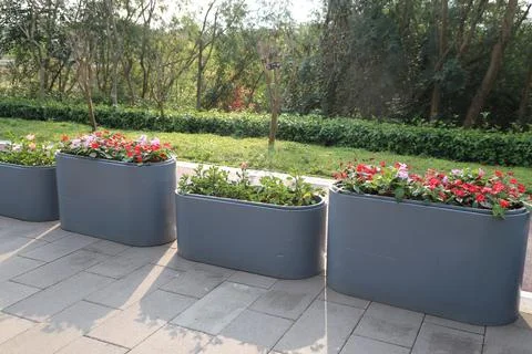 Large, gray rectangular planters with flowers in the park, photo-realistic .. Stock Photos