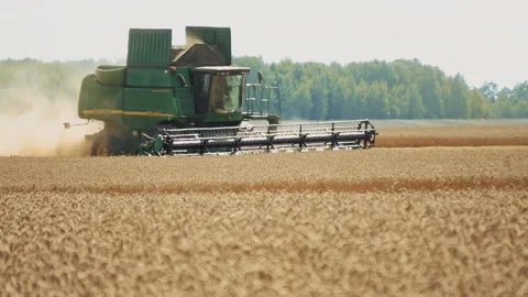 Large green agricultural machine working on field. Rural landscape. Horizontal Stock-Footage 219954478