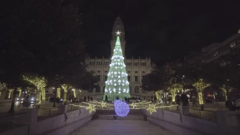 Large green Christmas tree in front of Porto City Hall at night. Vidéo 327624706