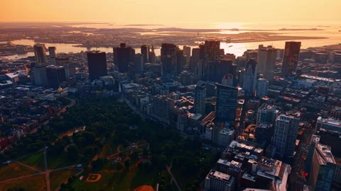 Large green park area in the modern lively city. Approaching the high-rise Stock Footage 340279449