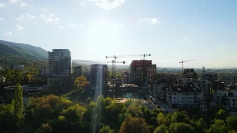 Large Green Park Protected Area Revealed Behind New Construction Living Quarters Stock-Footage 274134371
