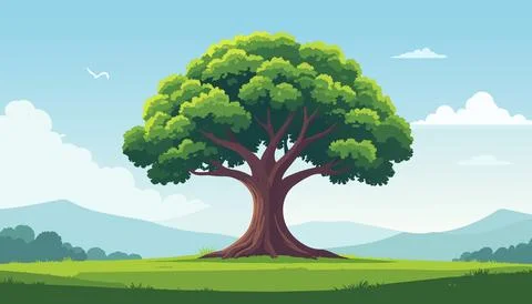 Large green tree standing alone in a peaceful meadow with blue sky soft cloud Stock Illustration