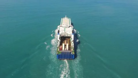 Large Grimaldi Lines RoRo (Roll on/off) vessel cruising the Mediterranean sea Stock Photos
