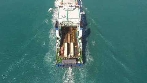 Large Grimaldi Lines RoRo (Roll on/off) vessel cruising the Mediterranean sea Stock Photos