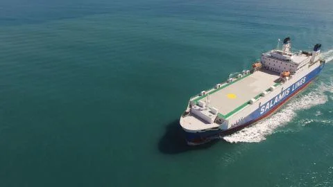 Large Grimaldi Lines RoRo (Roll on/off) vessel cruising the Mediterranean sea Stock Photos